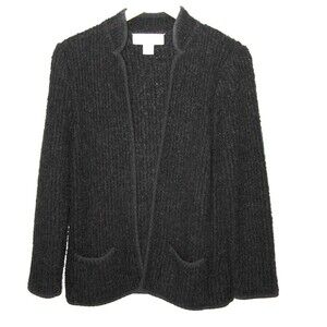 Side Effects Woman's Black Open Front Fuzzy Knit Cardigan Sweater Pockets Lg Vtg